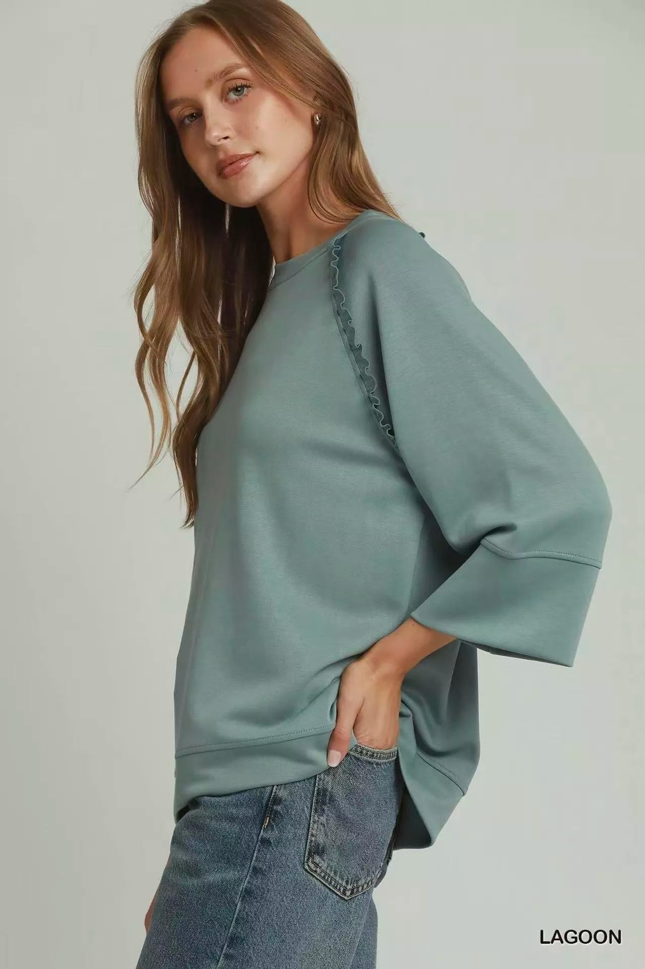 Umgee Ruffle Trim 3/4 Raglan Sleeve Top - Bitsy Gypsy Boutique
