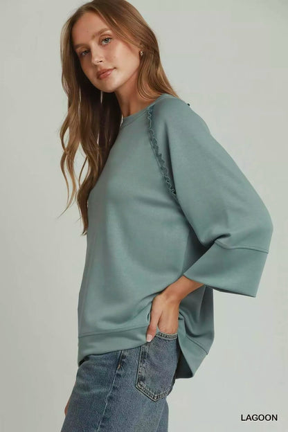 Umgee Ruffle Trim 3/4 Raglan Sleeve Top - Bitsy Gypsy Boutique