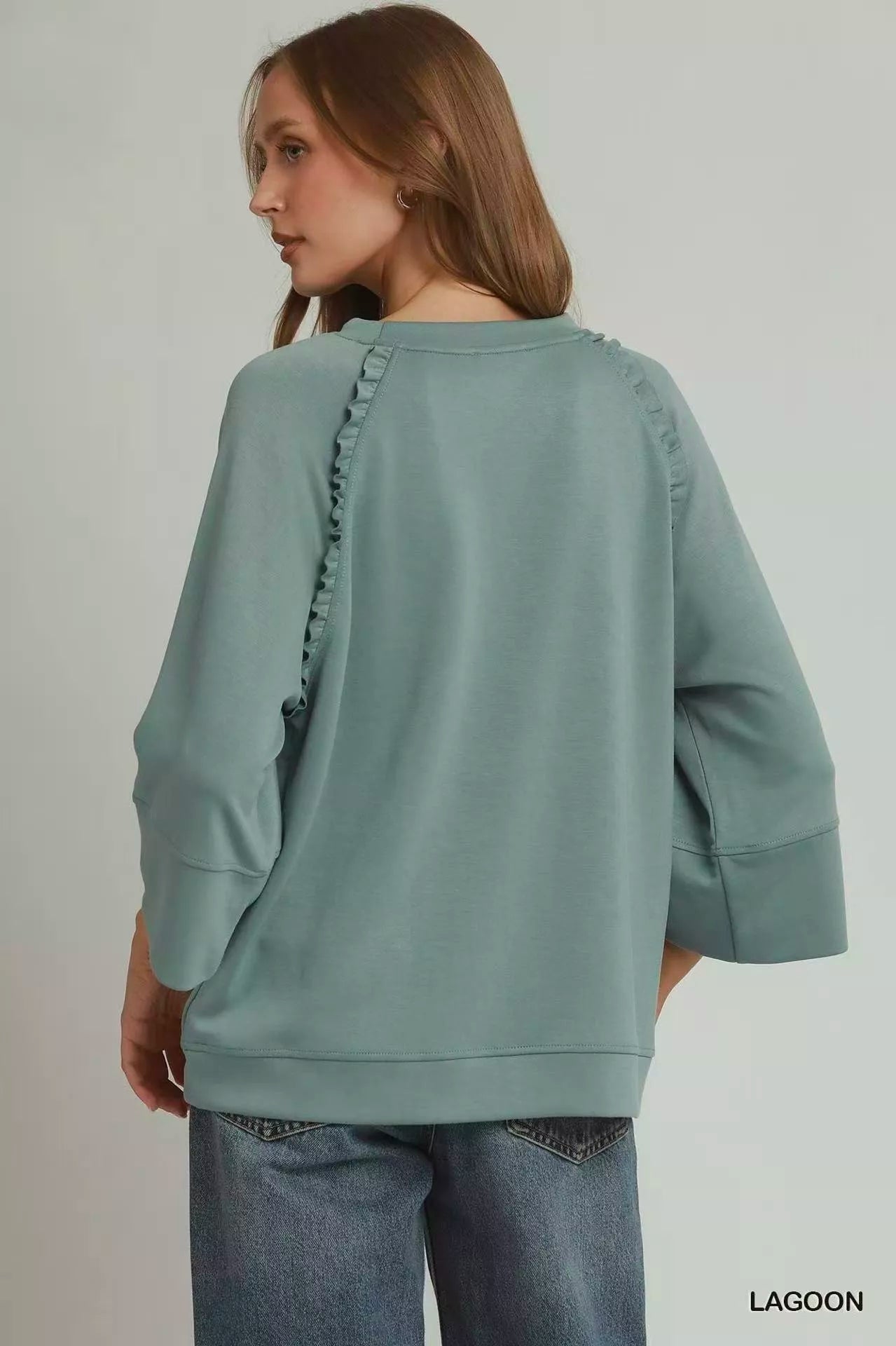Umgee Ruffle Trim 3/4 Raglan Sleeve Top - Bitsy Gypsy Boutique