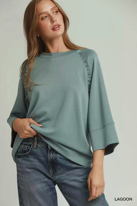 Umgee Ruffle Trim 3/4 Raglan Sleeve Top - Bitsy Gypsy Boutique