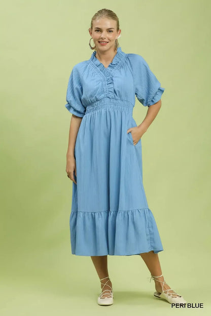 Umgee Ruffle V - Neck Midi Dress - Bitsy Gypsy Boutique
