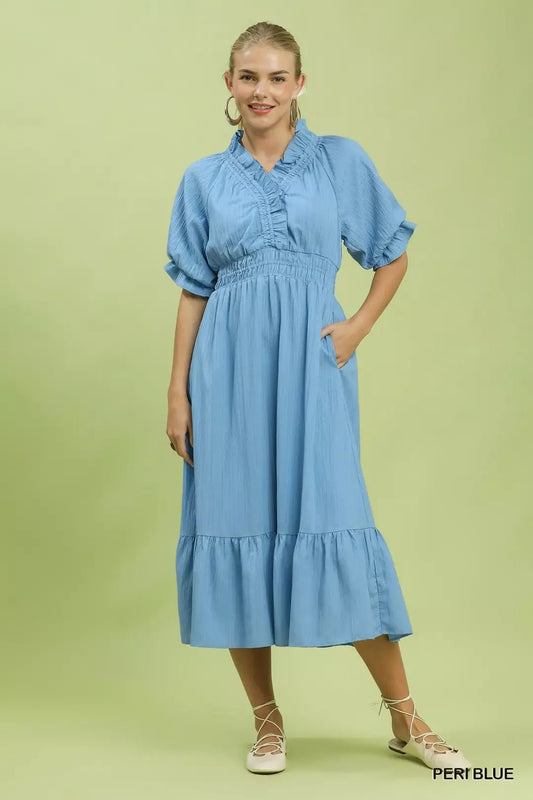 Umgee Ruffle V - Neck Midi Dress - Bitsy Gypsy Boutique