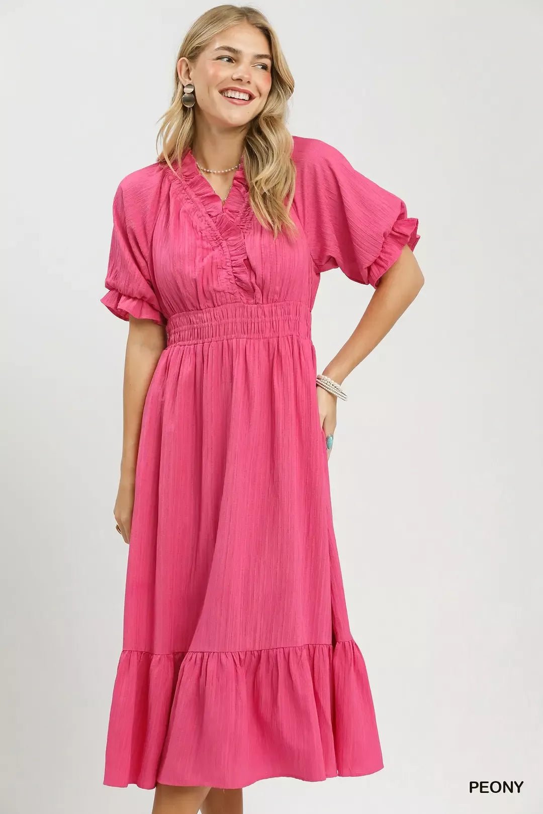 Umgee Ruffle V - Neck Midi Dress - Bitsy Gypsy Boutique