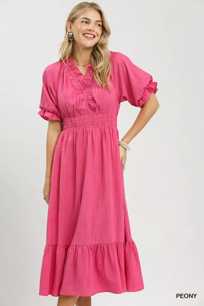 Umgee Ruffle V - Neck Midi Dress - Bitsy Gypsy Boutique