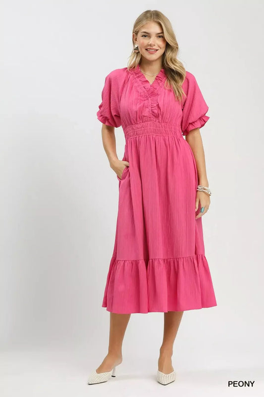 Umgee Ruffle V - Neck Midi Dress - Bitsy Gypsy Boutique