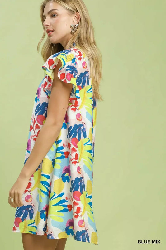 Umgee Ruffled Botanical Print Mini Dress - Bitsy Gypsy Boutique