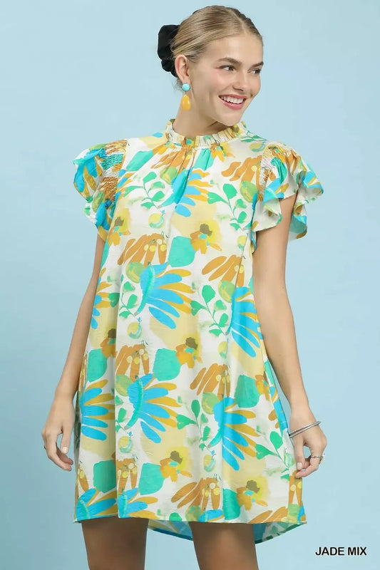 Umgee Ruffled Botanical Print Mini Dress - Bitsy Gypsy Boutique