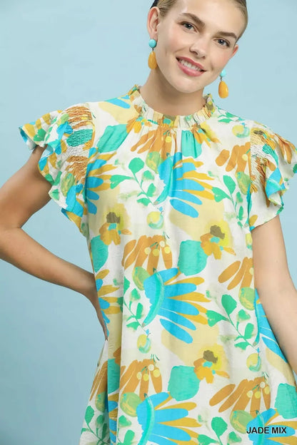 Umgee Ruffled Botanical Print Mini Dress - Bitsy Gypsy Boutique