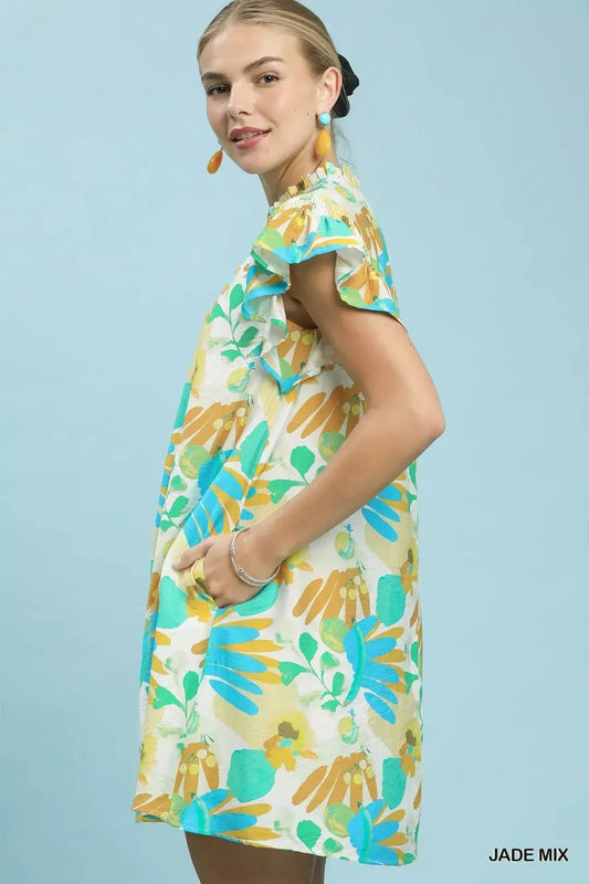 Umgee Ruffled Botanical Print Mini Dress - Bitsy Gypsy Boutique