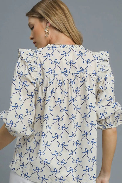 Umgee Ruffled Bow Print Notched Blouse - Bitsy Gypsy Boutique