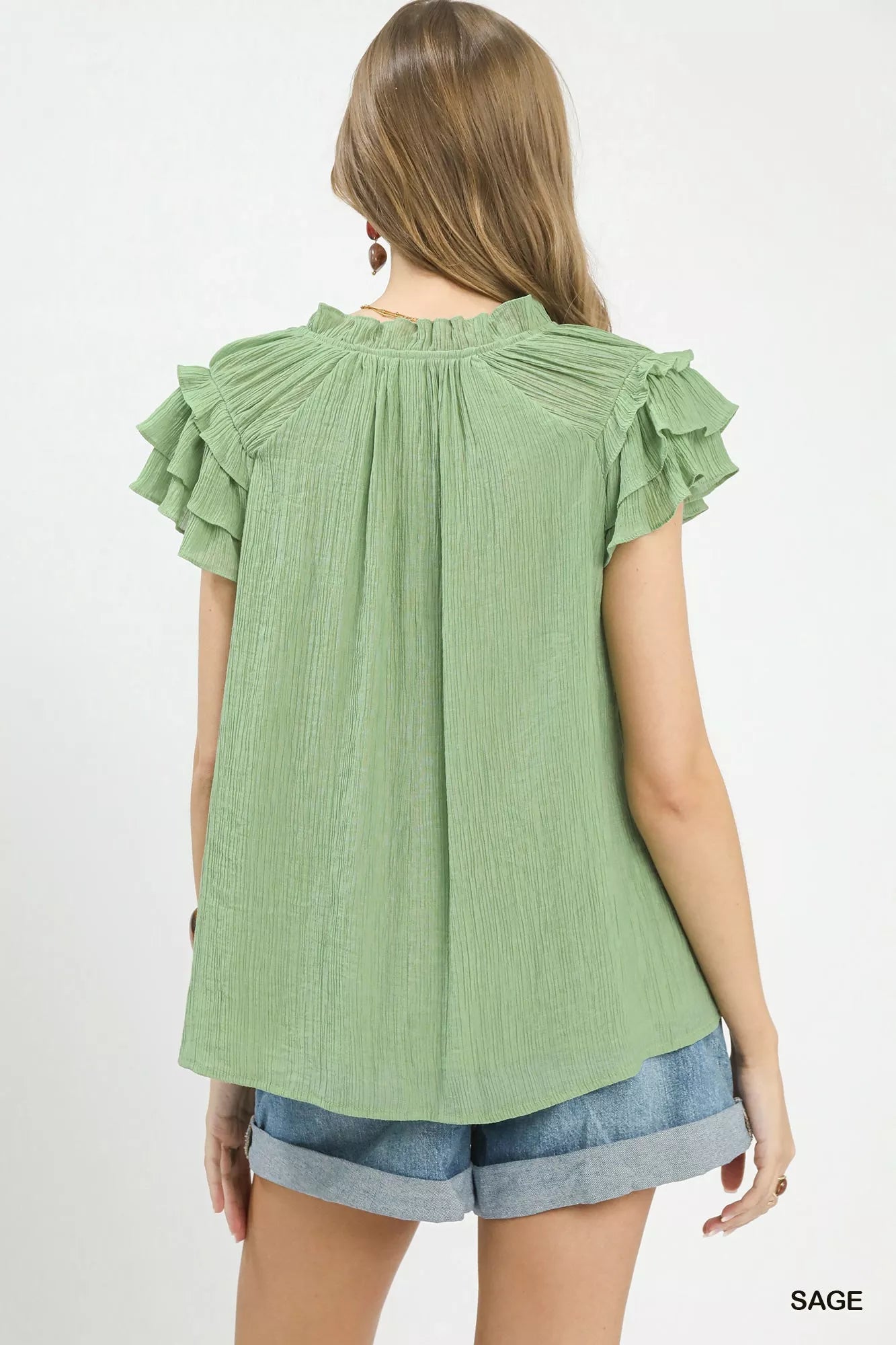 Umgee Ruffled Flutter Sleeve Textured Blouse - Bitsy Gypsy Boutique