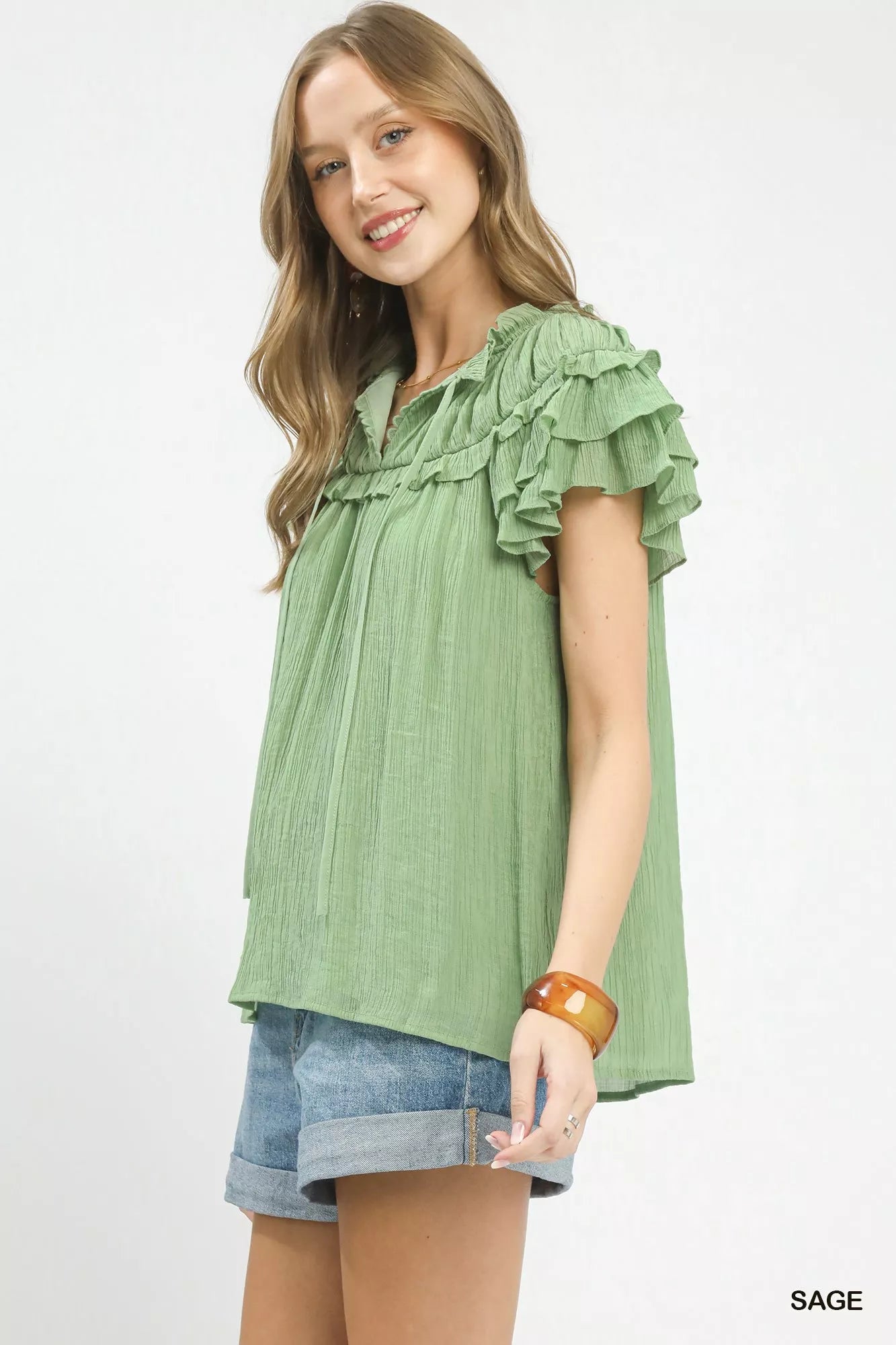 Umgee Ruffled Flutter Sleeve Textured Blouse - Bitsy Gypsy Boutique