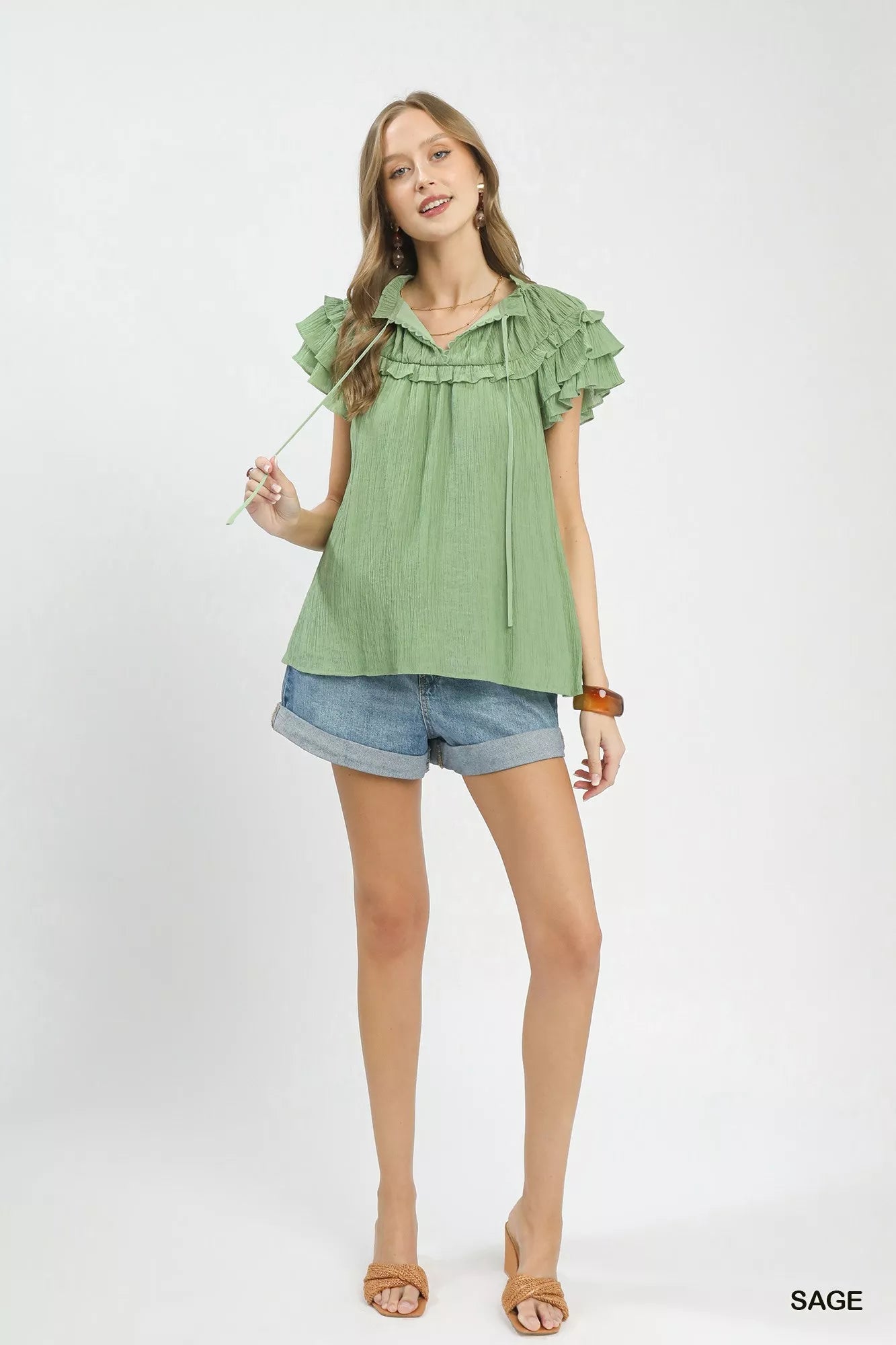 Umgee Ruffled Flutter Sleeve Textured Blouse - Bitsy Gypsy Boutique