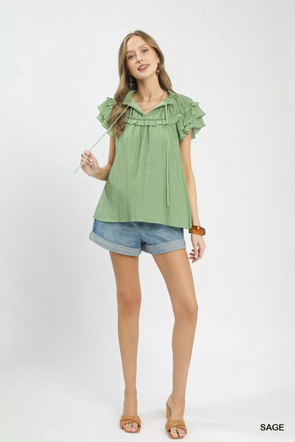 Umgee Ruffled Flutter Sleeve Textured Blouse - Bitsy Gypsy Boutique