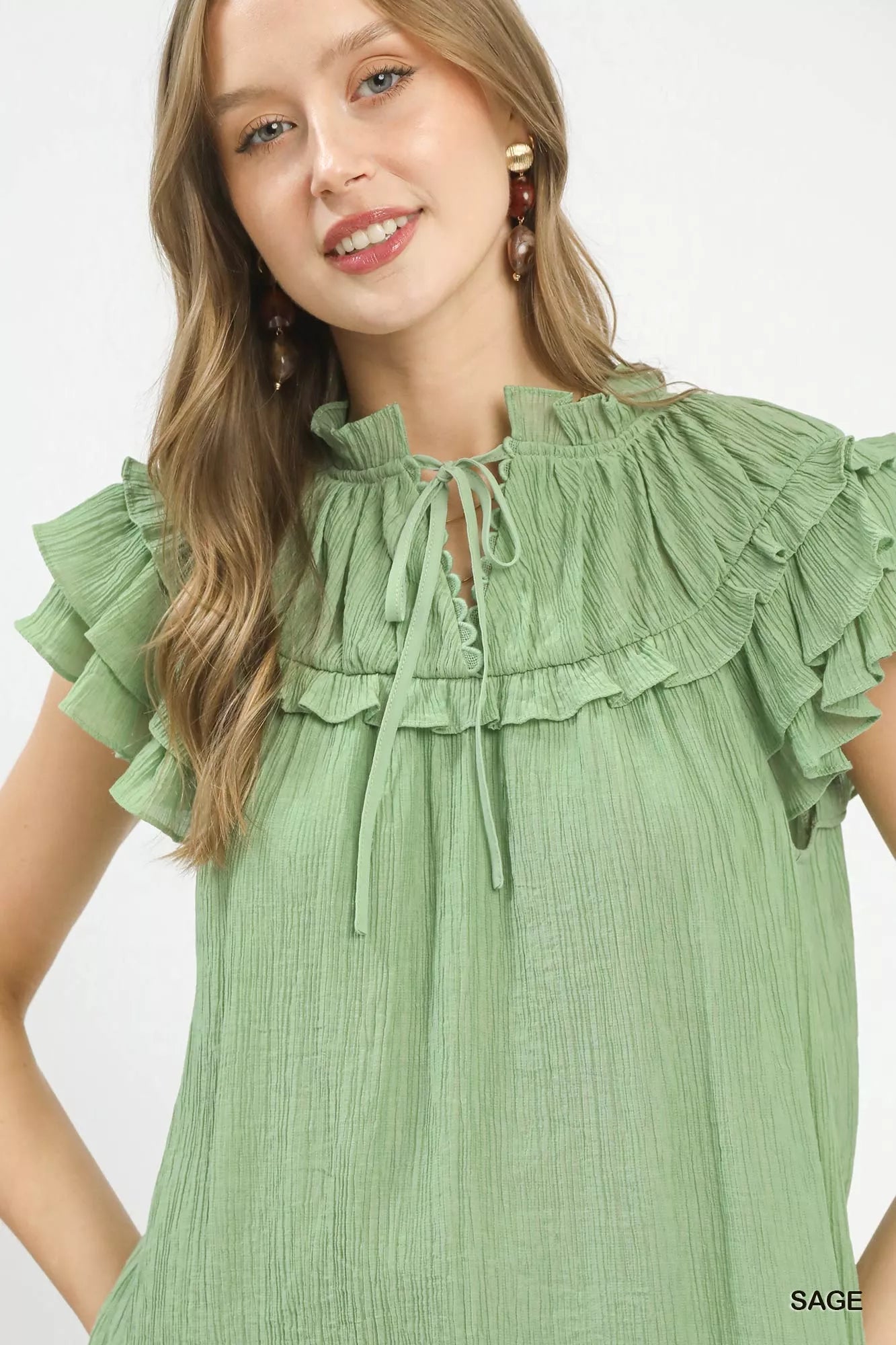 Umgee Ruffled Flutter Sleeve Textured Blouse - Bitsy Gypsy Boutique