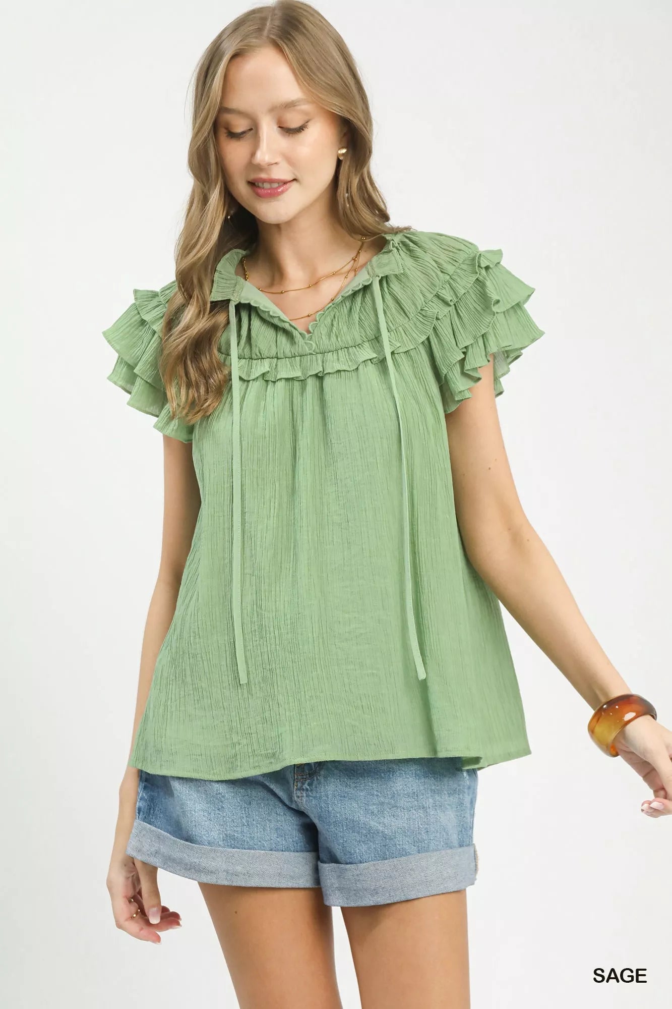 Umgee Ruffled Flutter Sleeve Textured Blouse - Bitsy Gypsy Boutique
