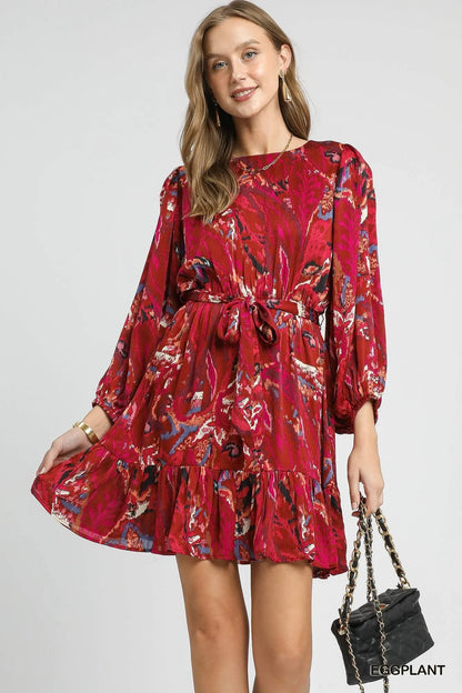 Umgee Ruffled Hem Printed Balloon Sleeve Dress - Bitsy Gypsy Boutique
