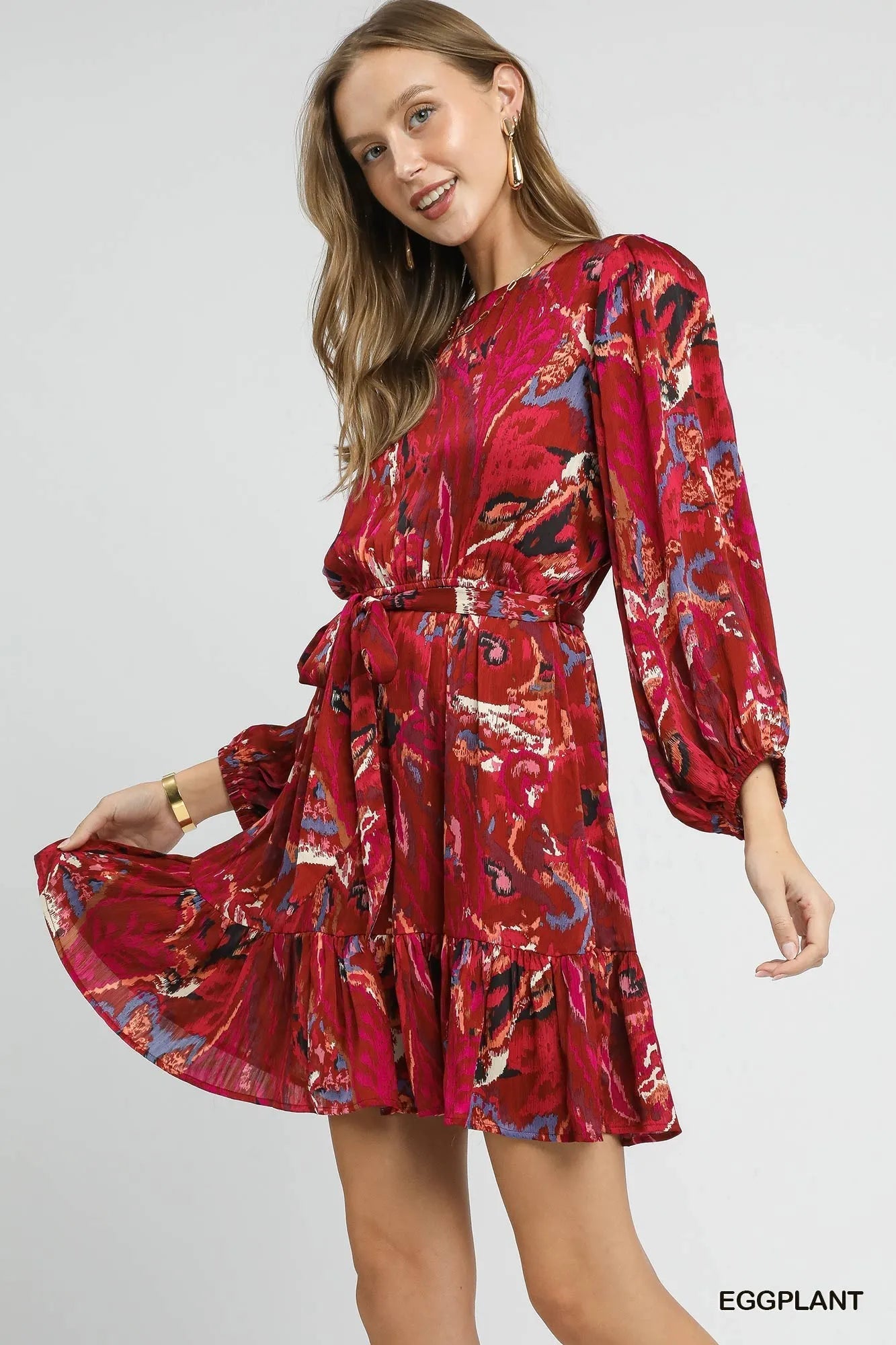 Umgee Ruffled Hem Printed Balloon Sleeve Dress - Bitsy Gypsy Boutique