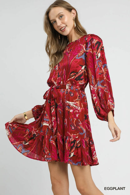 Umgee Ruffled Hem Printed Balloon Sleeve Dress - Bitsy Gypsy Boutique