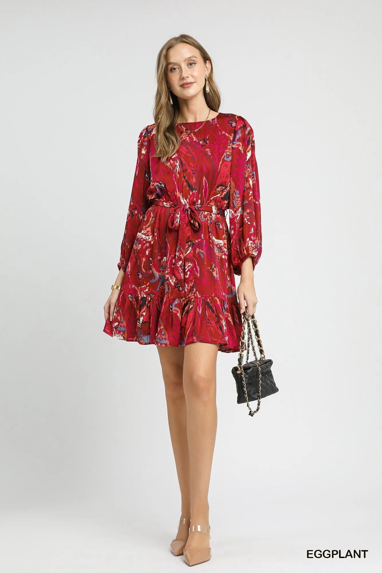 Umgee Ruffled Hem Printed Balloon Sleeve Dress - Bitsy Gypsy Boutique