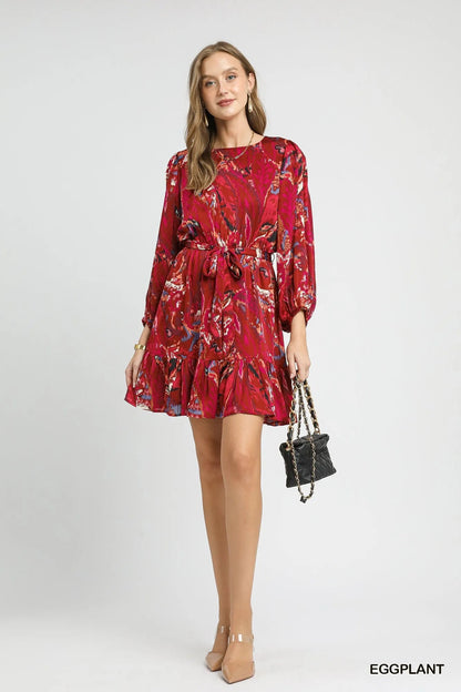Umgee Ruffled Hem Printed Balloon Sleeve Dress - Bitsy Gypsy Boutique