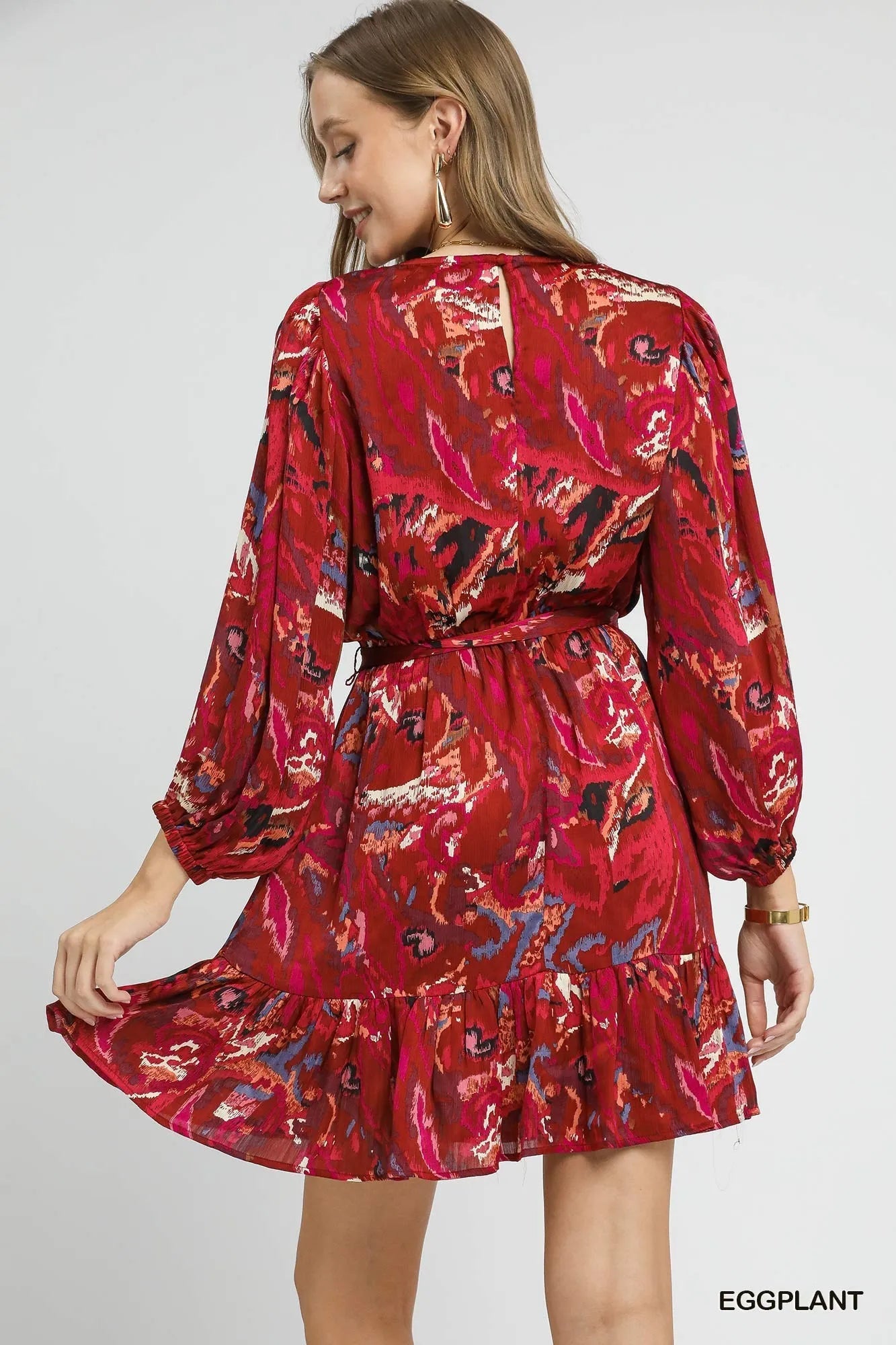 Umgee Ruffled Hem Printed Balloon Sleeve Dress - Bitsy Gypsy Boutique