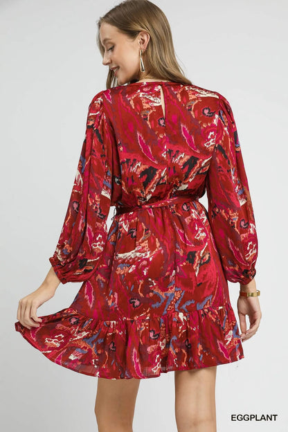Umgee Ruffled Hem Printed Balloon Sleeve Dress - Bitsy Gypsy Boutique