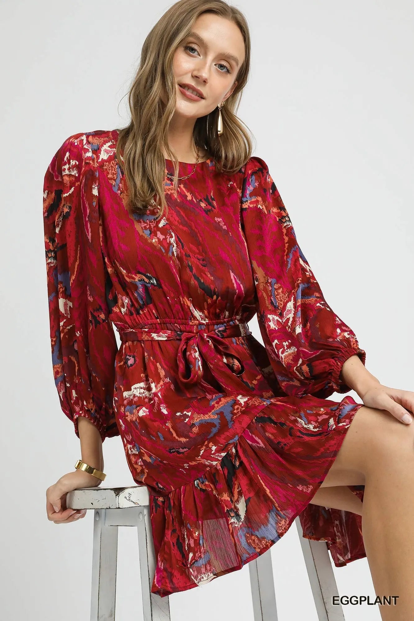 Umgee Ruffled Hem Printed Balloon Sleeve Dress - Bitsy Gypsy Boutique