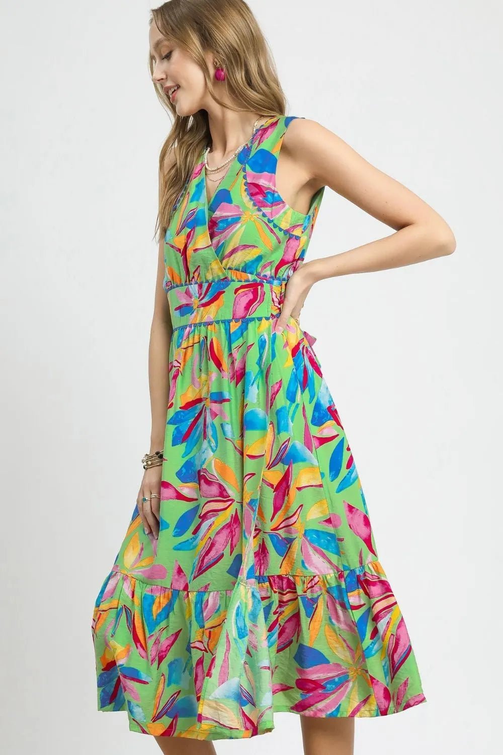 Umgee Ruffled Hem Printed Sleeveless Midi Dress - Bitsy Gypsy Boutique