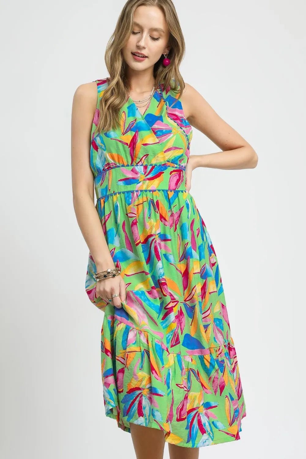 Umgee Ruffled Hem Printed Sleeveless Midi Dress - Bitsy Gypsy Boutique