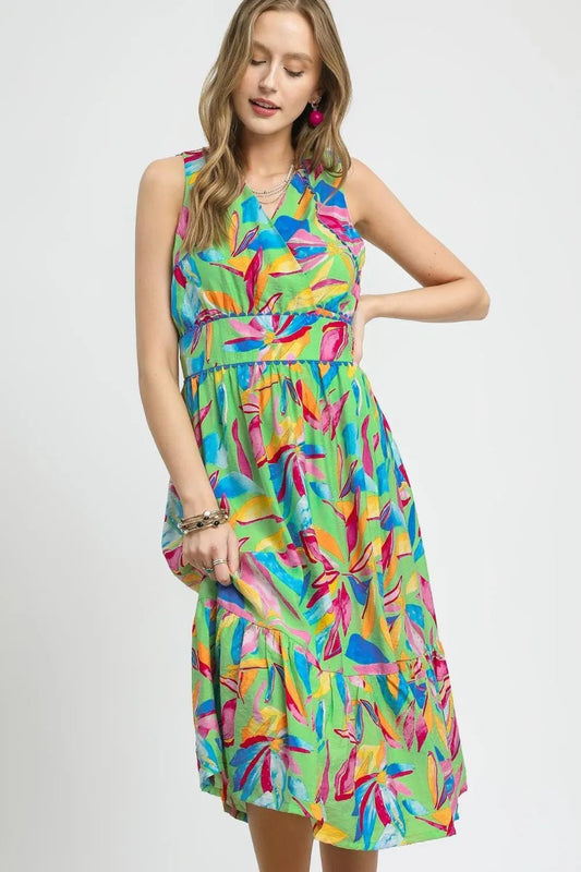 Umgee Ruffled Hem Printed Sleeveless Midi Dress - Bitsy Gypsy Boutique