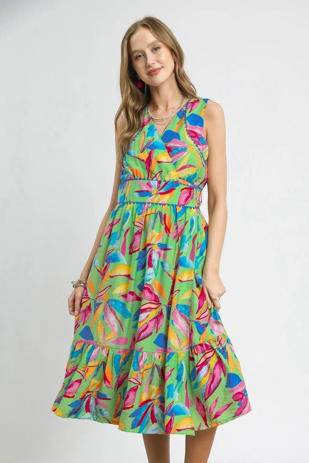 Umgee Ruffled Hem Printed Sleeveless Midi Dress - Bitsy Gypsy Boutique