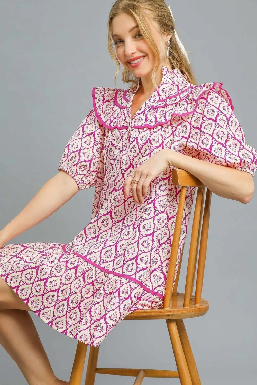 Umgee Ruffled Printed Puff Sleeve Mini Dress - Bitsy Gypsy Boutique