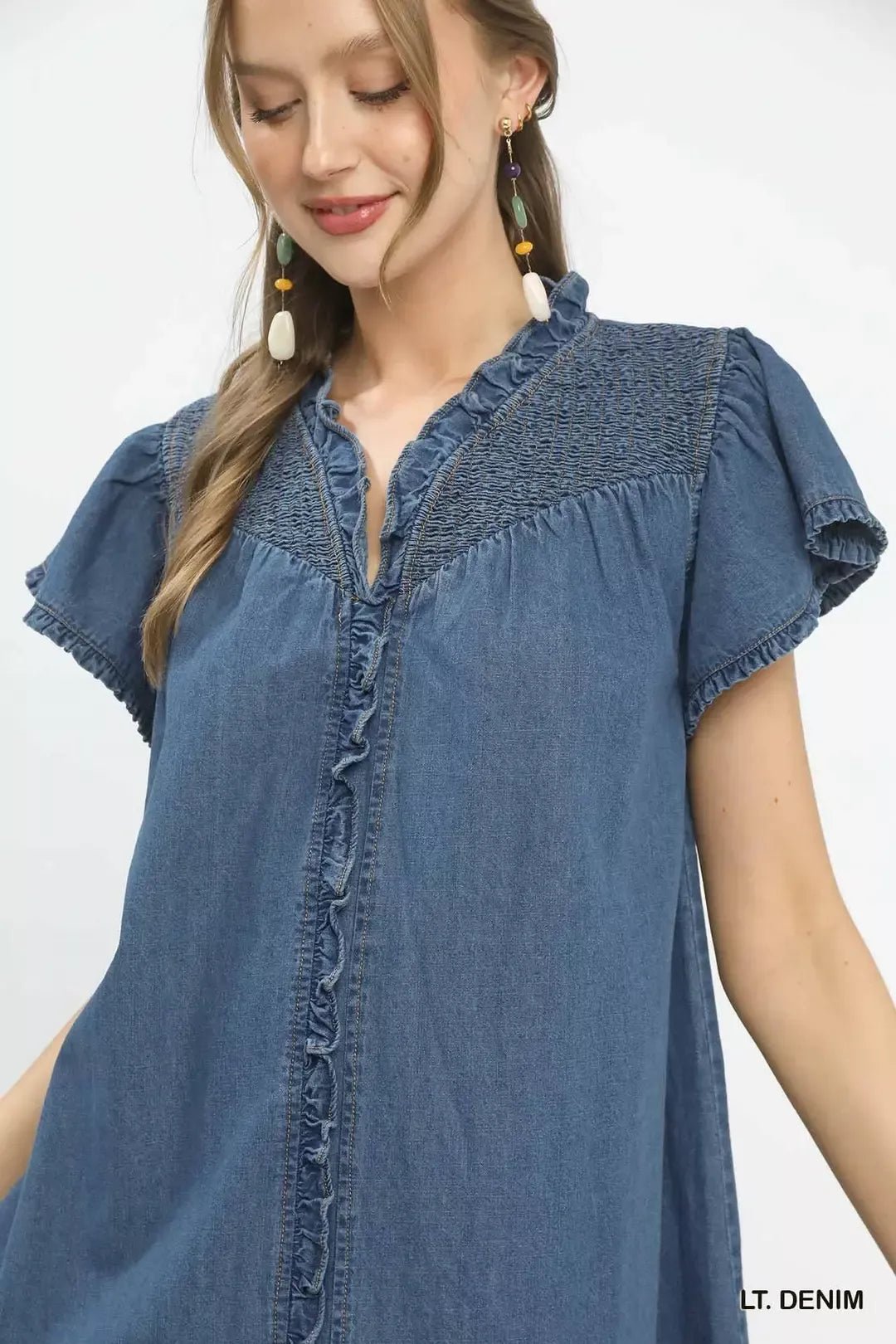 Umgee Ruffled Washed Denim Dress - Bitsy Gypsy Boutique