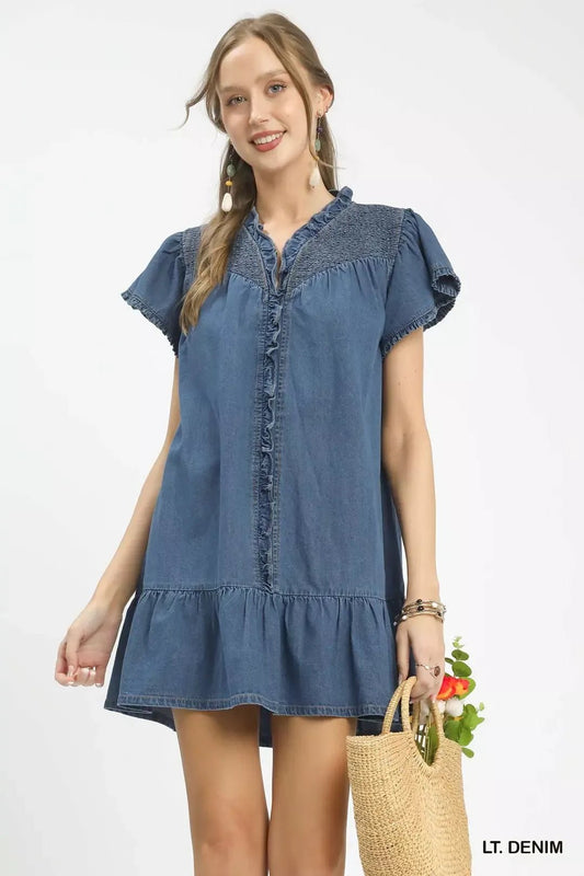 Umgee Ruffled Washed Denim Dress - Bitsy Gypsy Boutique