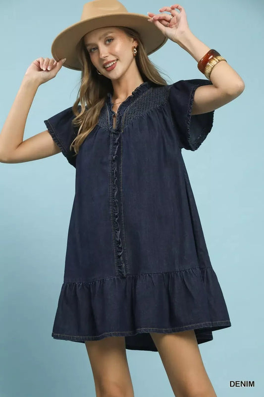 Umgee Ruffled Washed Denim Dress - Bitsy Gypsy Boutique