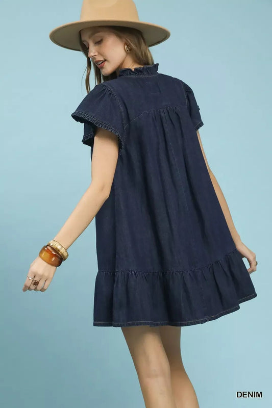 Umgee Ruffled Washed Denim Dress - Bitsy Gypsy Boutique