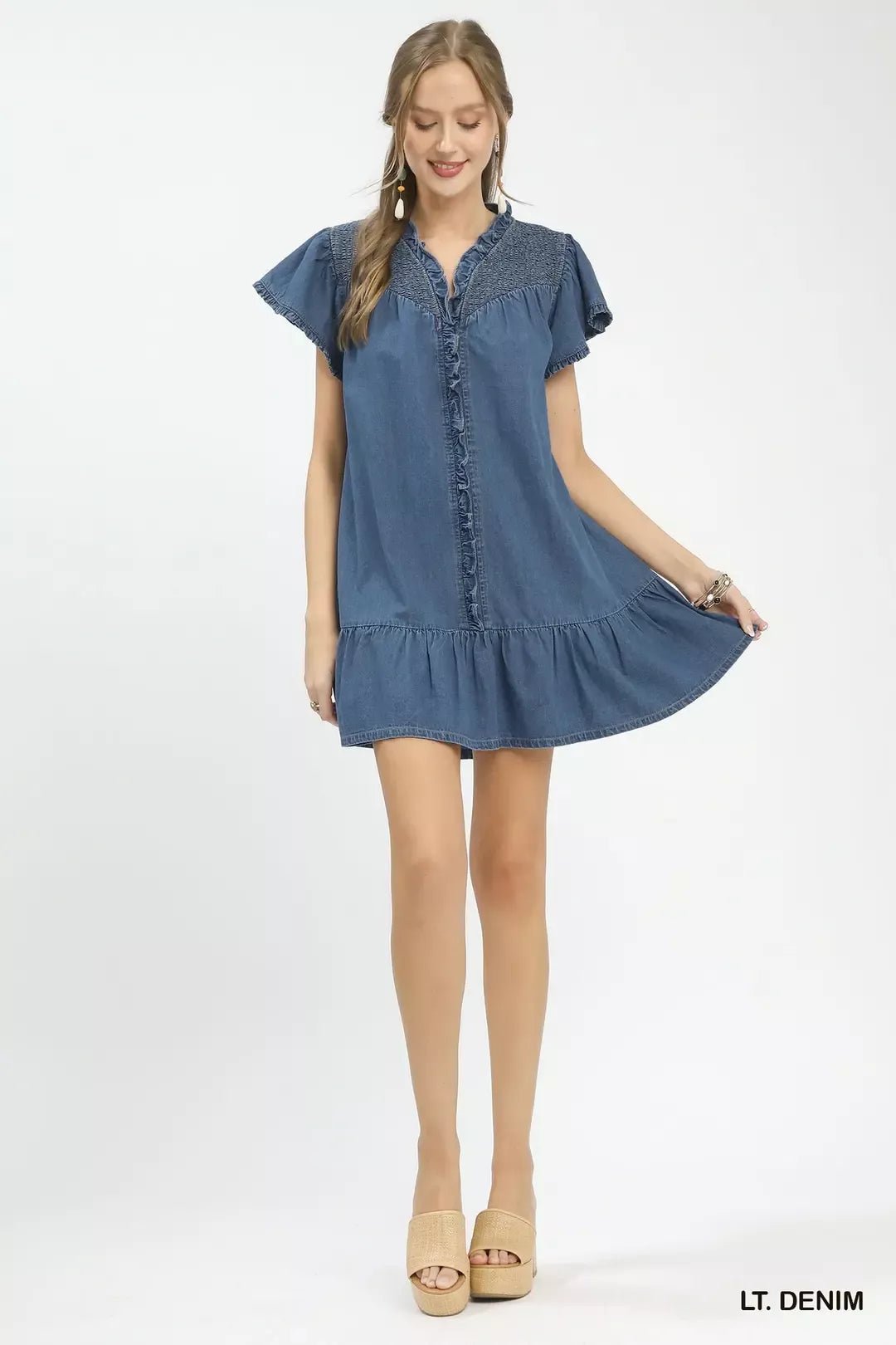 Umgee Ruffled Washed Denim Dress - Bitsy Gypsy Boutique