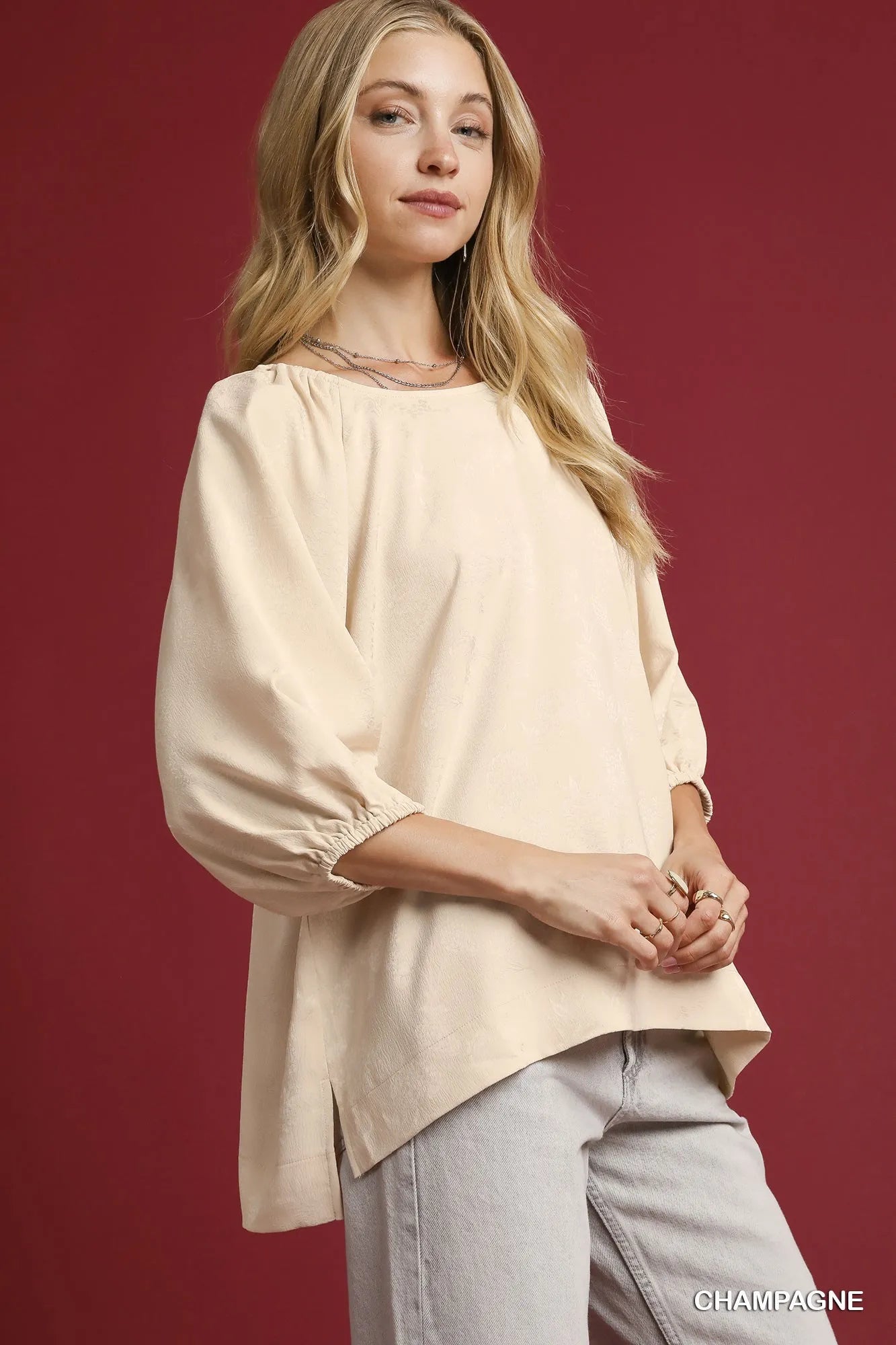 Umgee Satin Jacquard Balloon Sleeve Blouse - Bitsy Gypsy Boutique