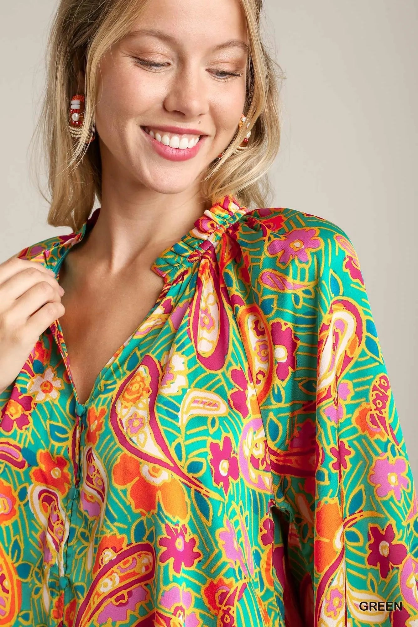 Umgee Satin Paisley Ruffle Neck Button - Up Shirt - Bitsy Gypsy Boutique