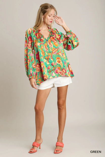 Umgee Satin Paisley Ruffle Neck Button - Up Shirt - Bitsy Gypsy Boutique