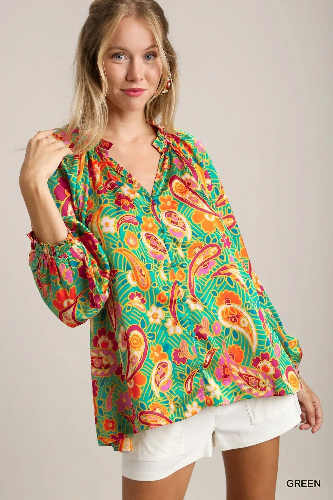 Umgee Satin Paisley Ruffle Neck Button - Up Shirt - Bitsy Gypsy Boutique