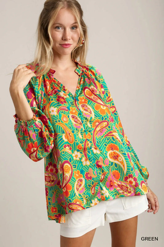 Umgee Satin Paisley Ruffle Neck Button - Up Shirt - Bitsy Gypsy Boutique