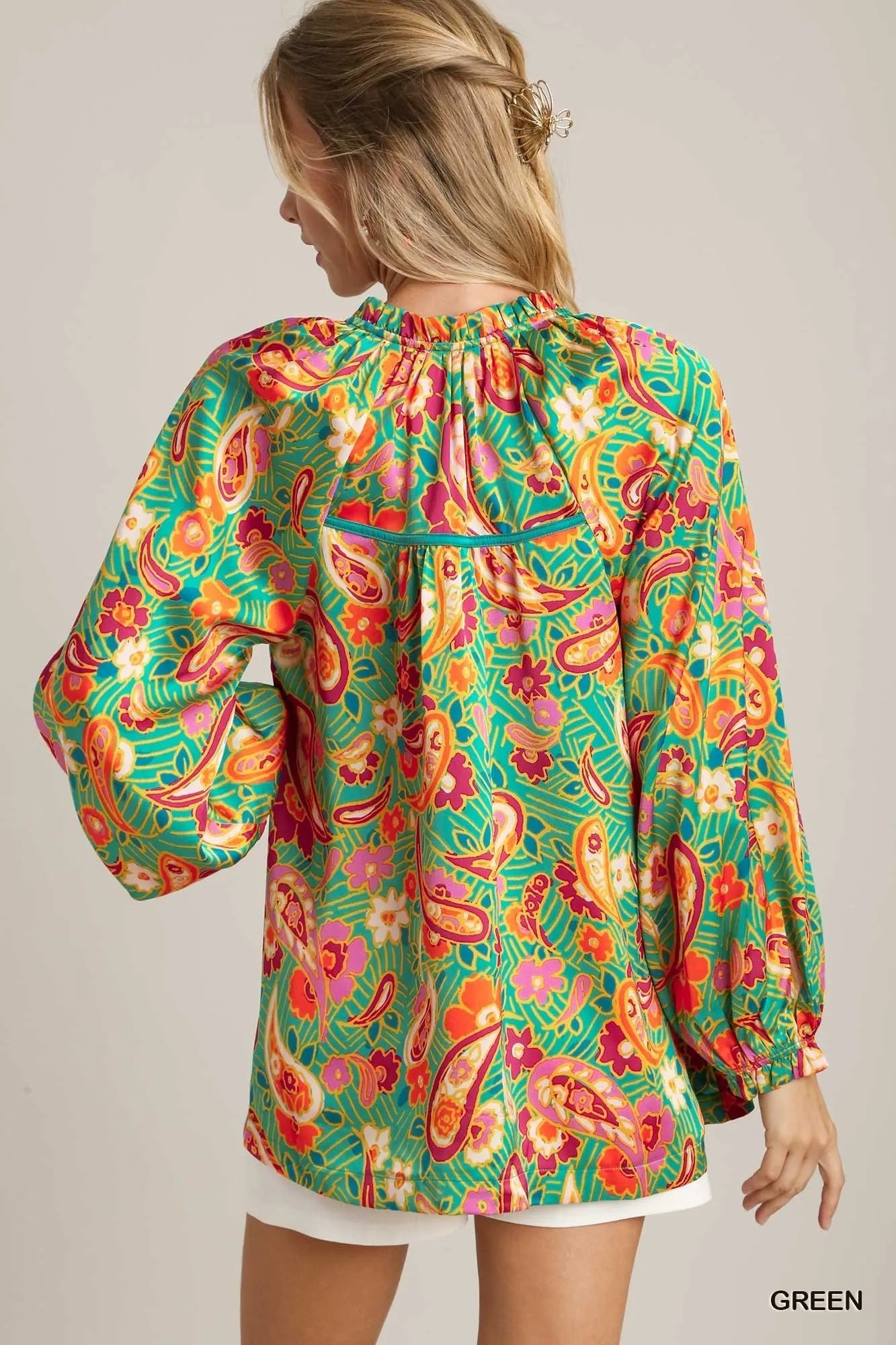 Umgee Satin Paisley Ruffle Neck Button - Up Shirt - Bitsy Gypsy Boutique