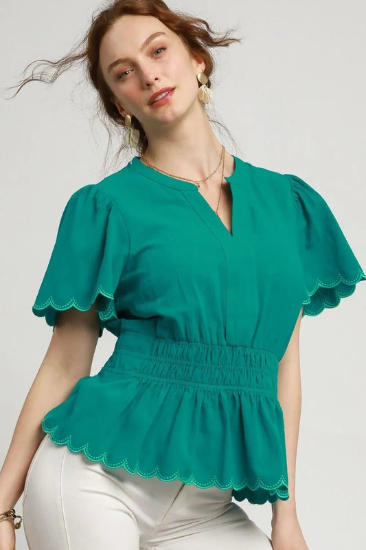 Umgee Scalloped Edge Flutter Sleeve Blouse - Bitsy Gypsy Boutique