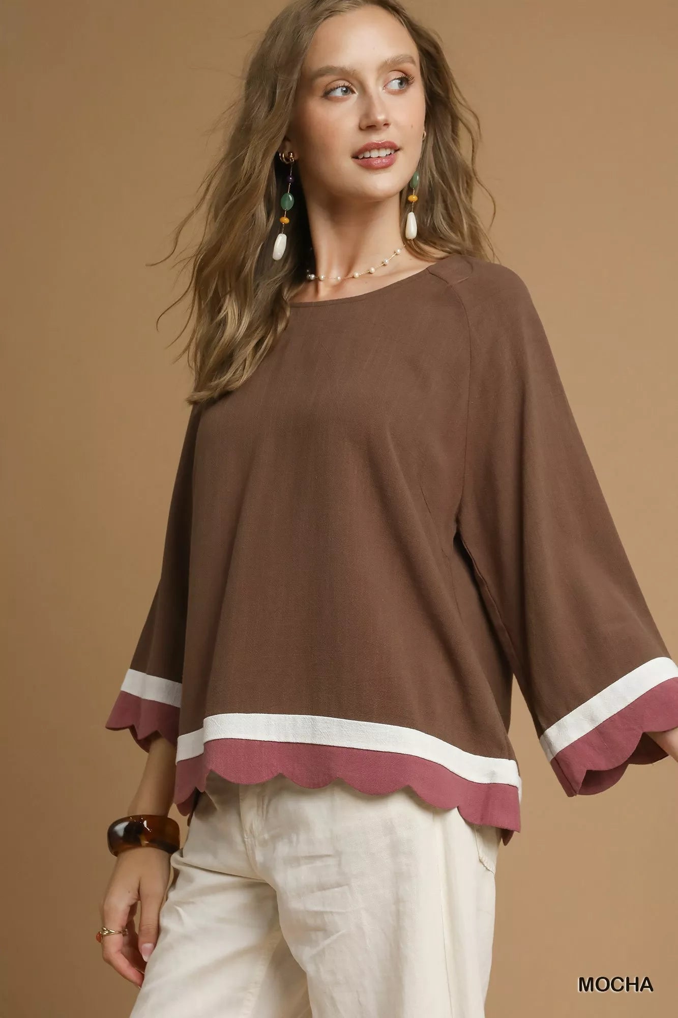 Umgee Scalloped Hem Color Block Top - Bitsy Gypsy Boutique