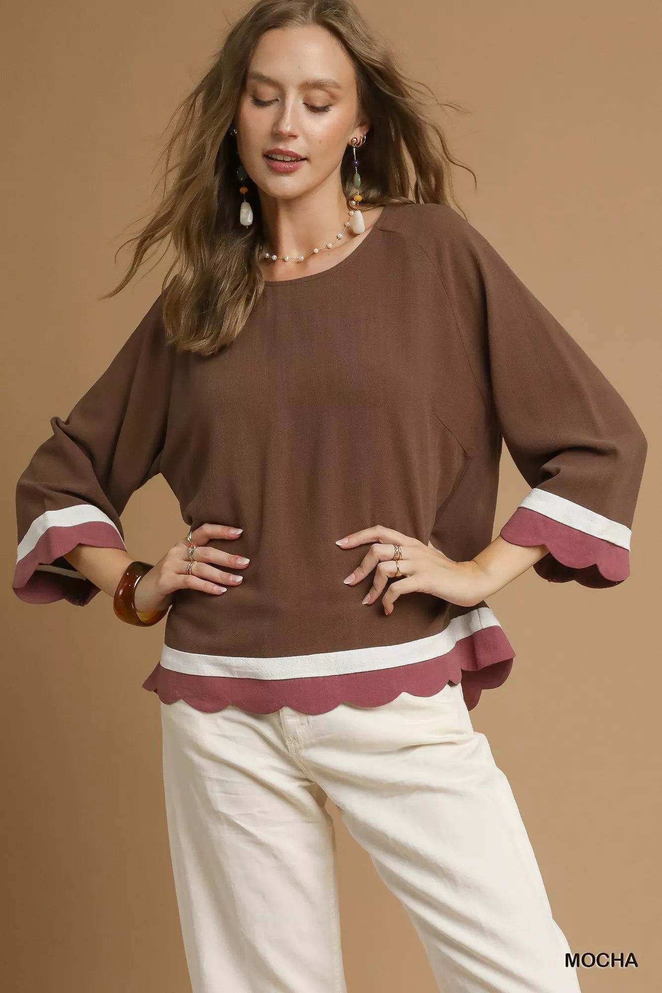 Umgee Scalloped Hem Color Block Top - Bitsy Gypsy Boutique