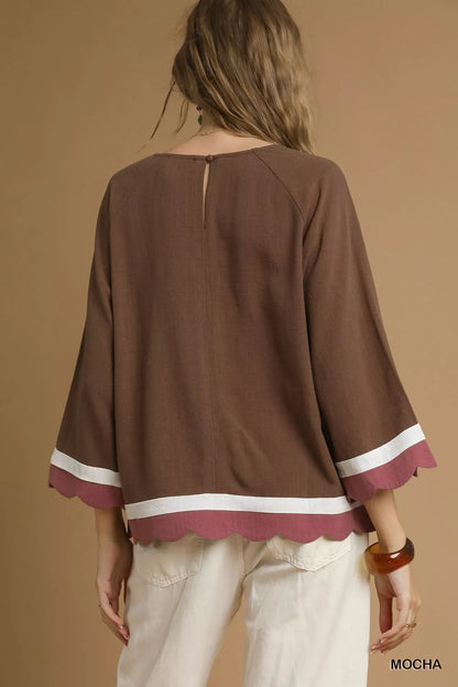 Umgee Scalloped Hem Color Block Top - Bitsy Gypsy Boutique