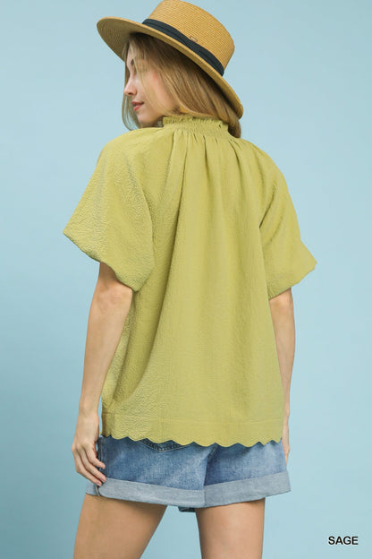Umgee Scalloped Hem Textured Blouse - Bitsy Gypsy Boutique