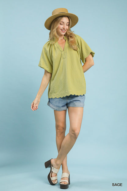 Umgee Scalloped Hem Textured Blouse - Bitsy Gypsy Boutique